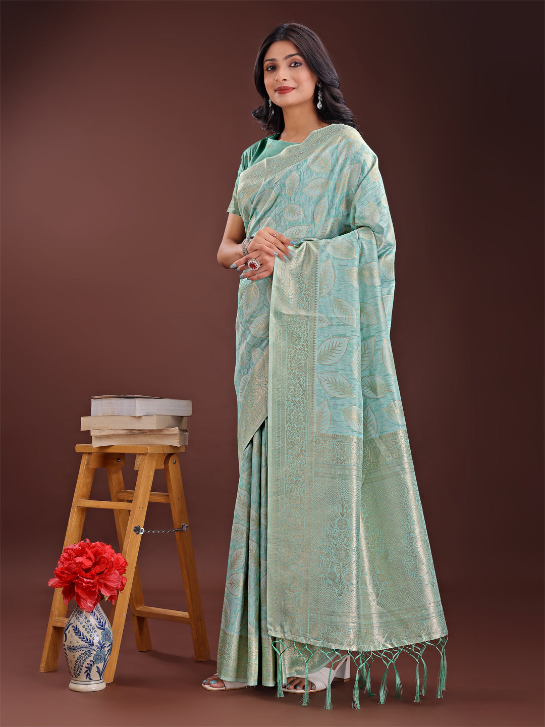 Shree Shyam Fashion Sea Green Linen Cotton Saree with Golden Zari Leaf Design & Elegant Pallu - Festive | Office | Daily Wear