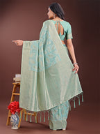 Shree Shyam Fashion Sea Green Linen Cotton Saree with Golden Zari Leaf Design & Elegant Pallu - Festive | Office | Daily Wear