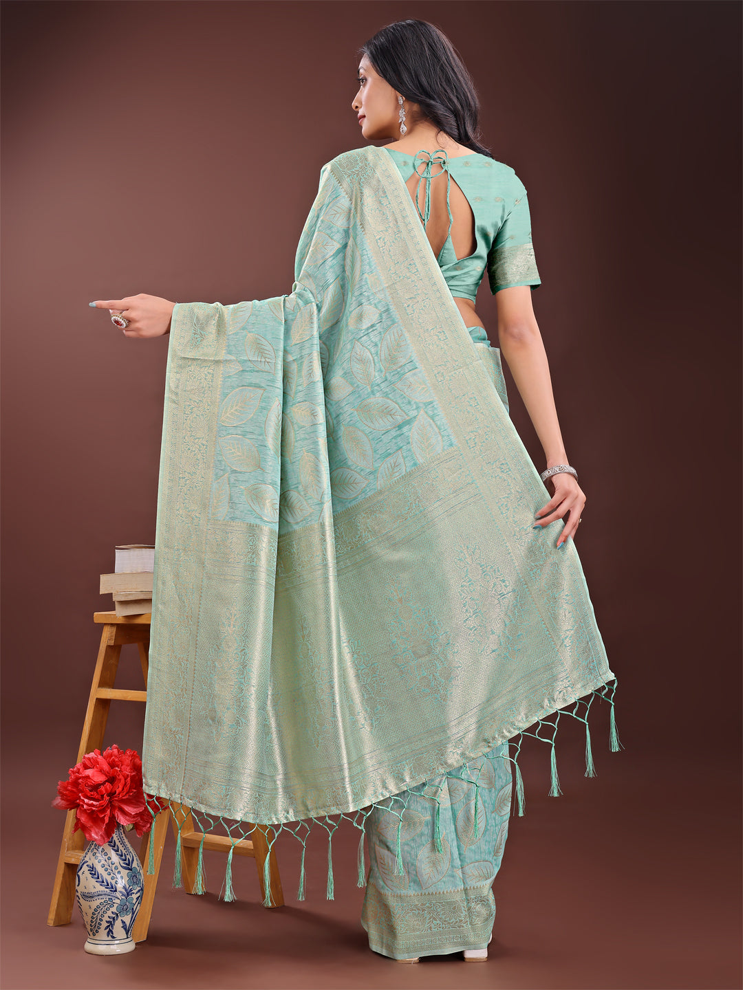Shree Shyam Fashion Sea Green Linen Cotton Saree with Golden Zari Leaf Design & Elegant Pallu - Festive | Office | Daily Wear
