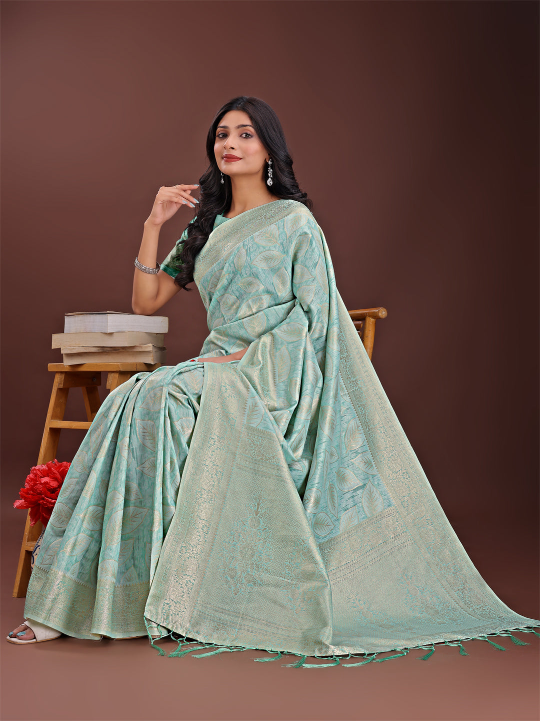 Shree Shyam Fashion Sea Green Linen Cotton Saree with Golden Zari Leaf Design & Elegant Pallu - Festive | Office | Daily Wear