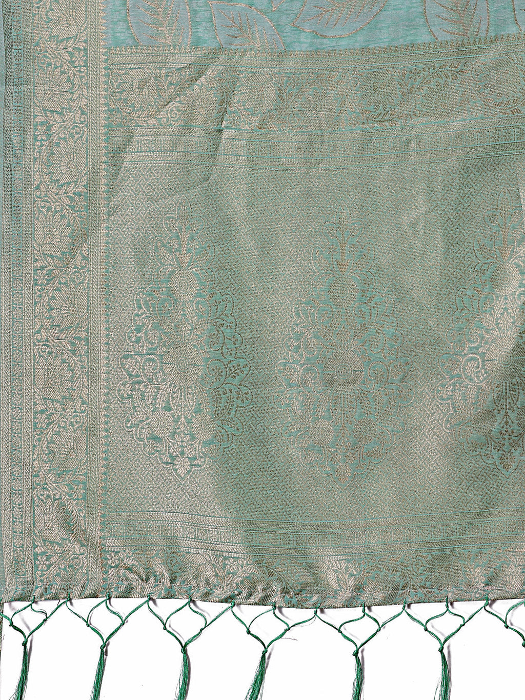 Shree Shyam Fashion Sea Green Linen Cotton Saree with Golden Zari Leaf Design & Elegant Pallu - Festive | Office | Daily Wear