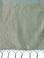 Shree Shyam Fashion Sea Green Linen Cotton Saree with Golden Zari Leaf Design & Elegant Pallu - Festive | Office | Daily Wear
