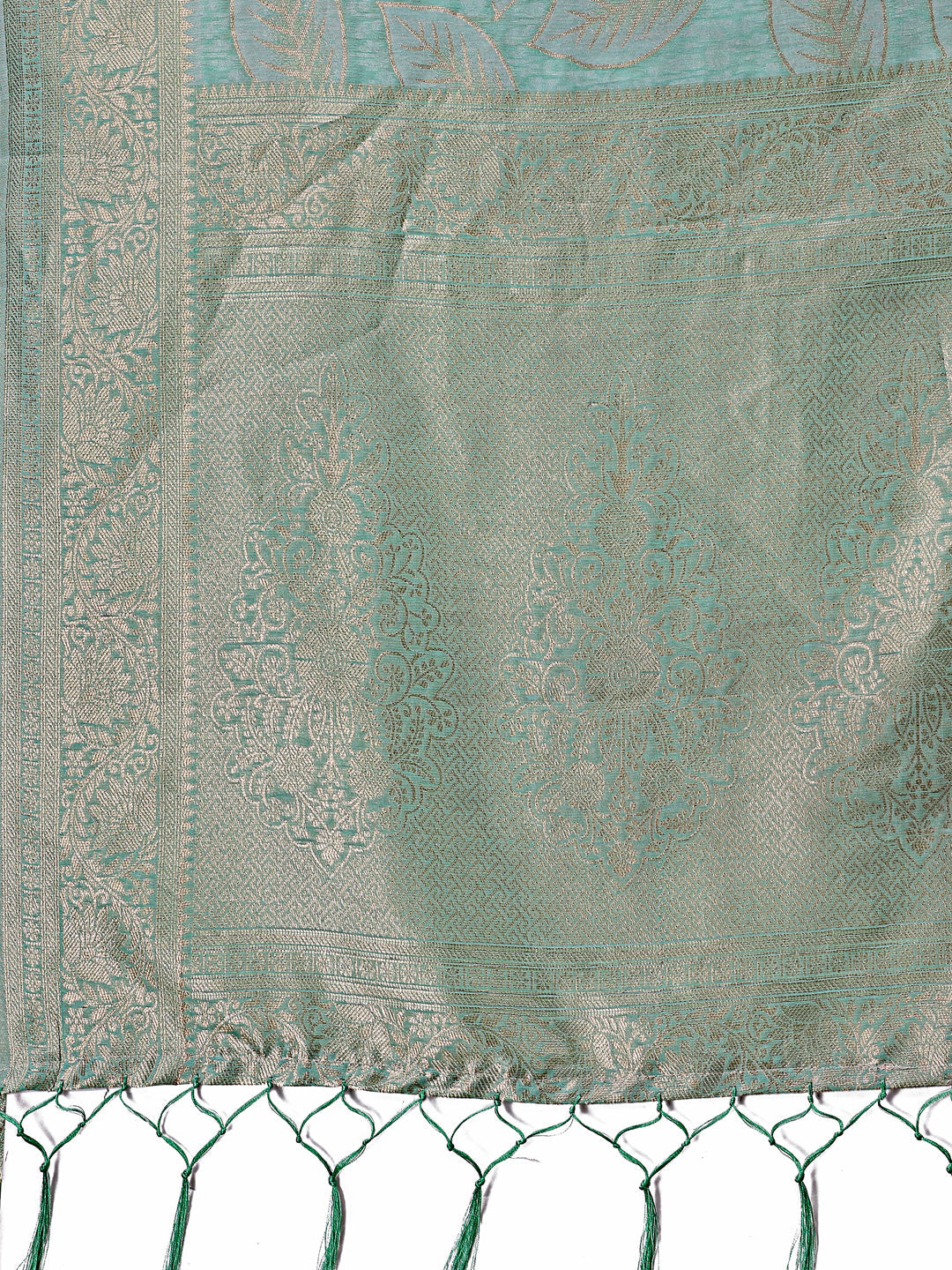 Shree Shyam Fashion Sea Green Linen Cotton Saree with Golden Zari Leaf Design & Elegant Pallu - Festive | Office | Daily Wear