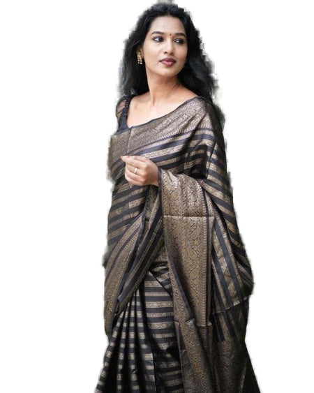Vamika Weaving Banarasi Jacquard Black Kanjivaram Saree