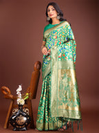 Shree Shyam Fashion Majestic Green Silk Saree with Gold Zari & Floral Design - Perfect for Festive & Traditional Occasions - Distacart