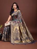 Shree Shyam Fashion Majestic Navy Blue Silk Saree with Gold Zari & Floral Design - Perfect for Festive & Traditional Occasions - Distacart