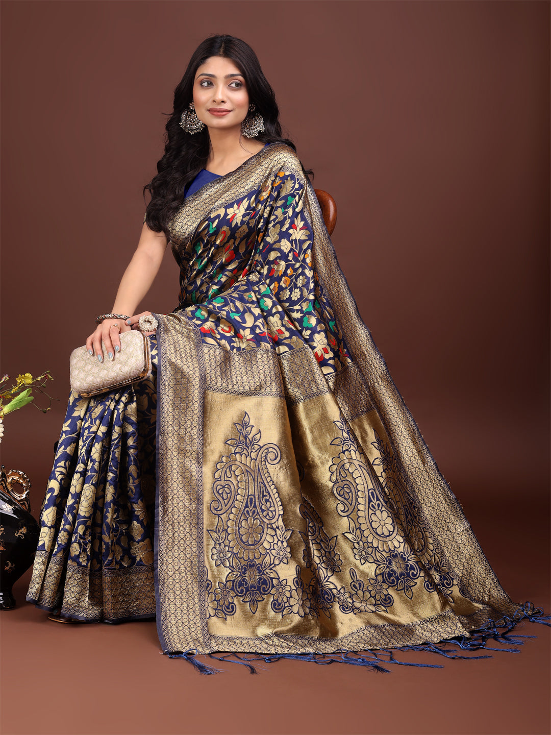 Shree Shyam Fashion Majestic Navy Blue Silk Saree with Gold Zari & Floral Design - Perfect for Festive & Traditional Occasions - Distacart