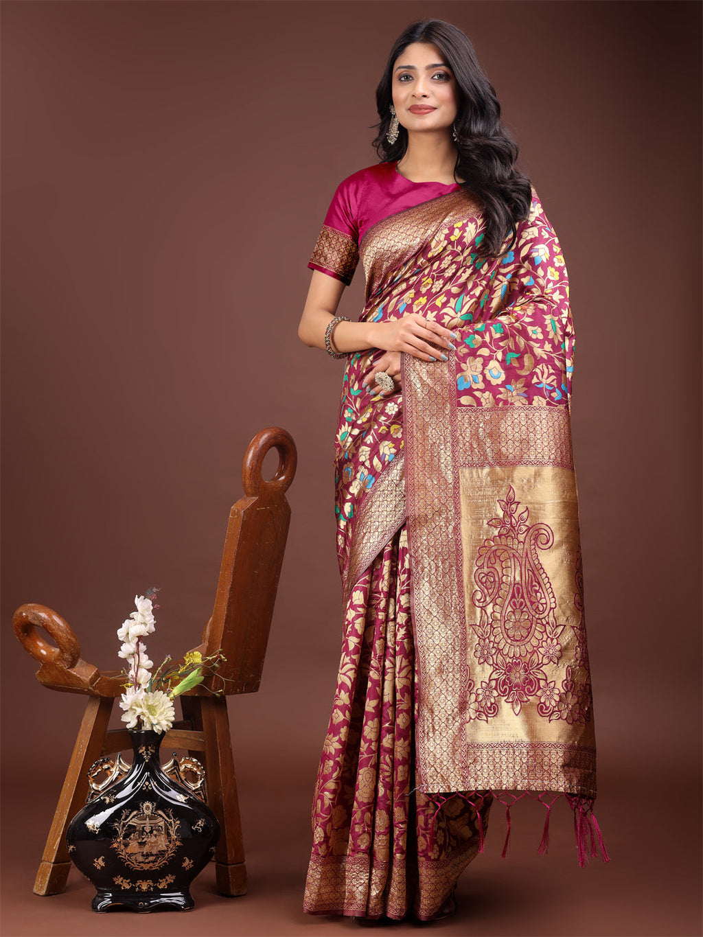 Shree Shyam Fashion Majestic Magenta Silk Saree with Gold Zari & Floral Design - Perfect for Festive & Traditional Occasions