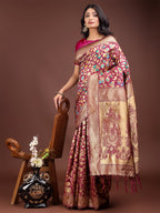 Shree Shyam Fashion Majestic Magenta Silk Saree with Gold Zari & Floral Design - Perfect for Festive & Traditional Occasions