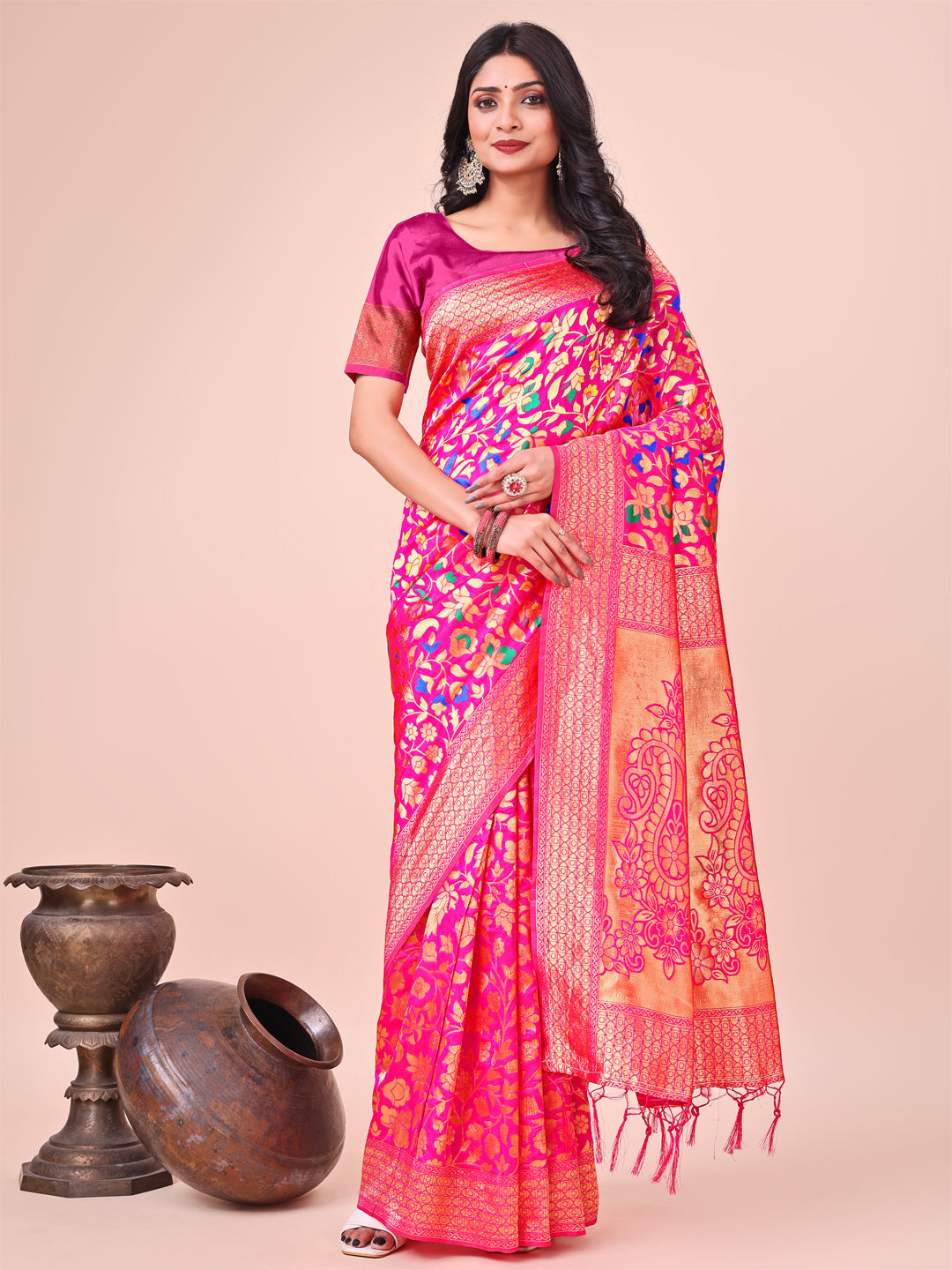 Shree Shyam Fashion Majestic Pink Silk Saree with Gold Zari & Floral Design - Perfect for Festive & Traditional Occasions