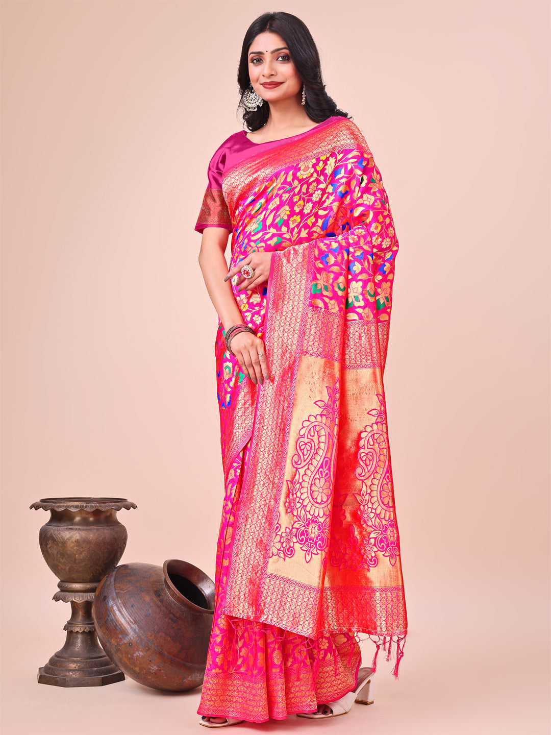 Shree Shyam Fashion Majestic Pink Silk Saree with Gold Zari & Floral Design - Perfect for Festive & Traditional Occasions