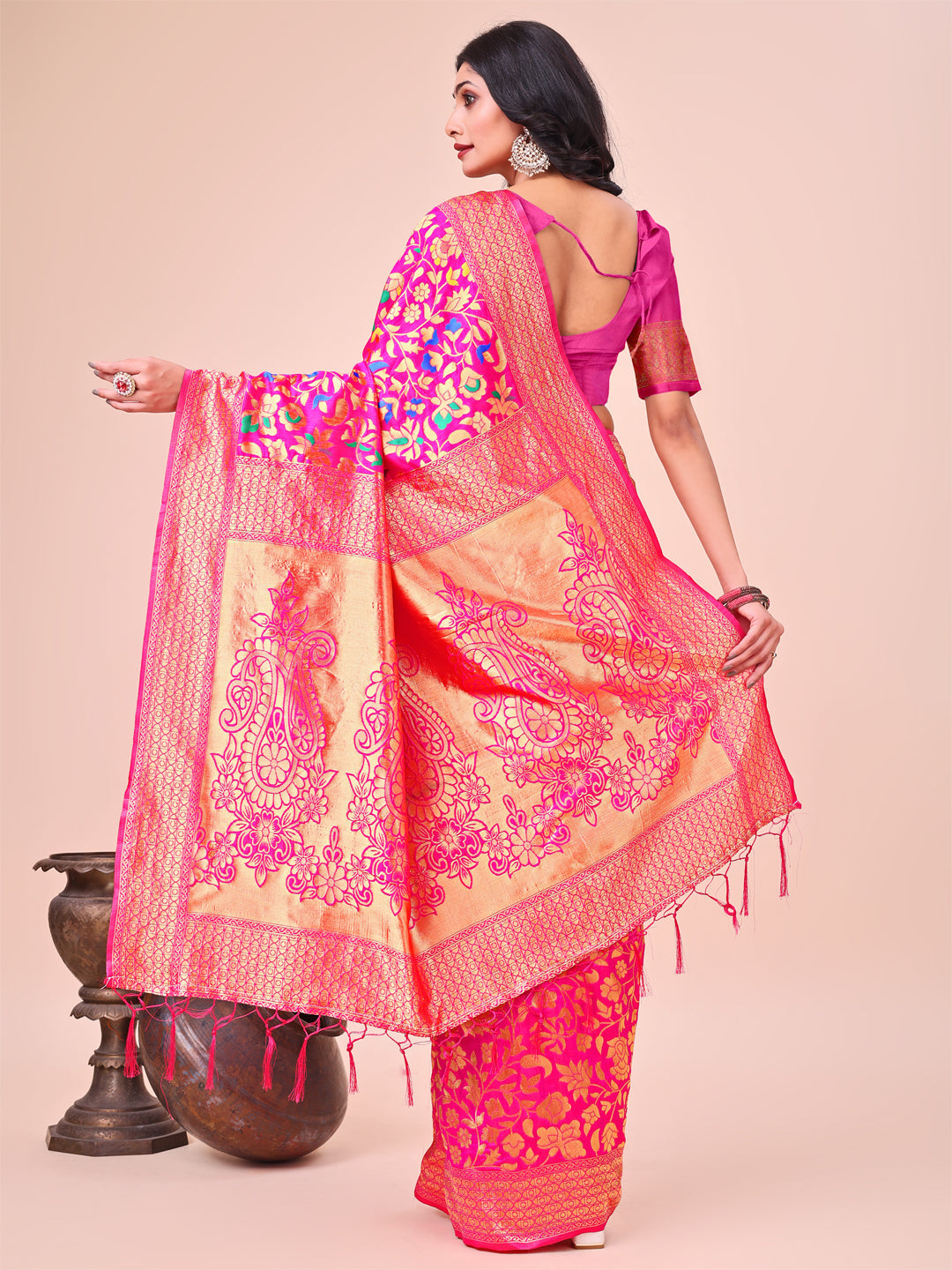 Shree Shyam Fashion Majestic Pink Silk Saree with Gold Zari & Floral Design - Perfect for Festive & Traditional Occasions