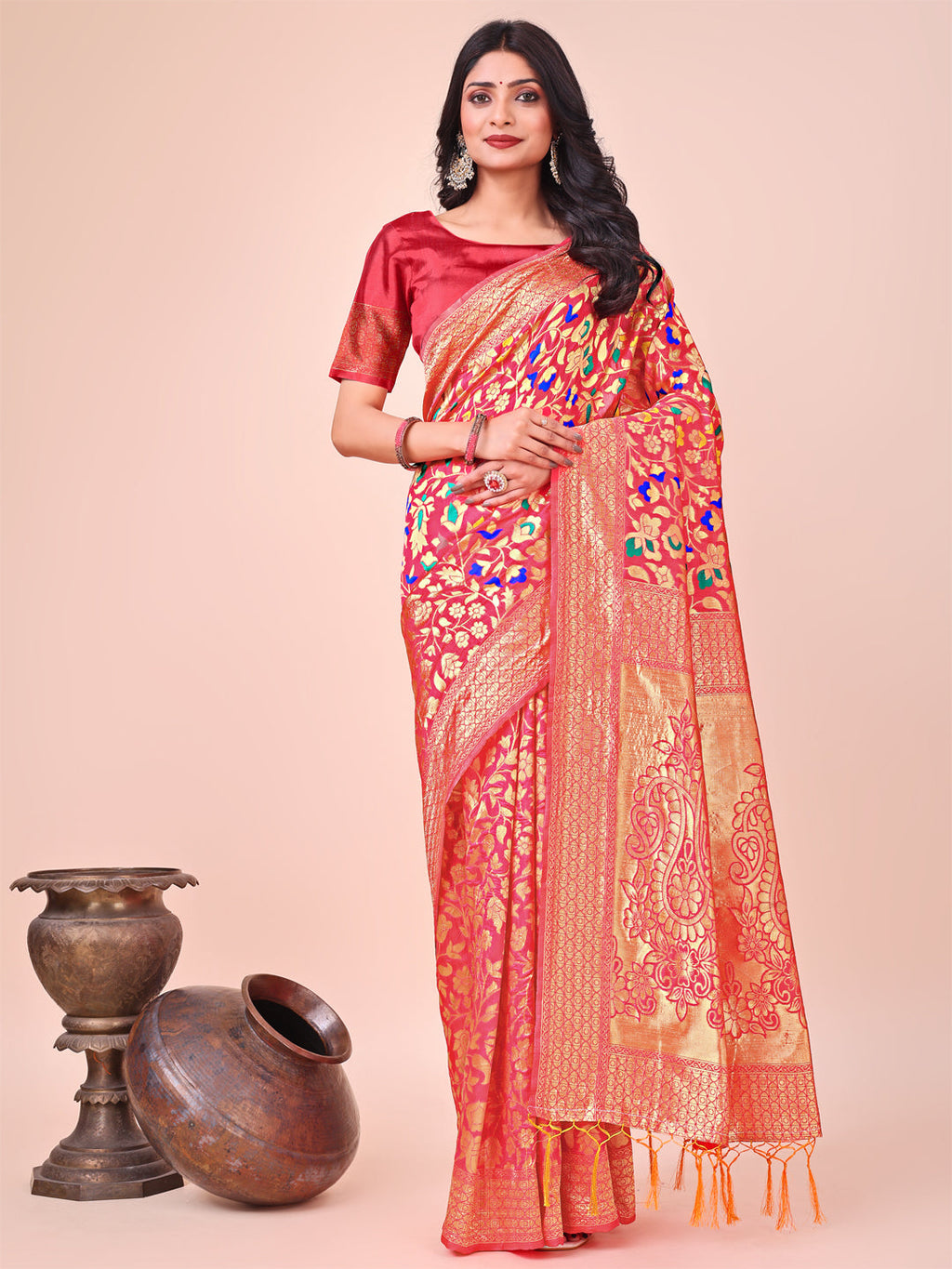 Shree Shyam Fashion Majestic Maroon Silk Saree with Gold Zari & Floral Design - Perfect for Festive & Traditional Occasions