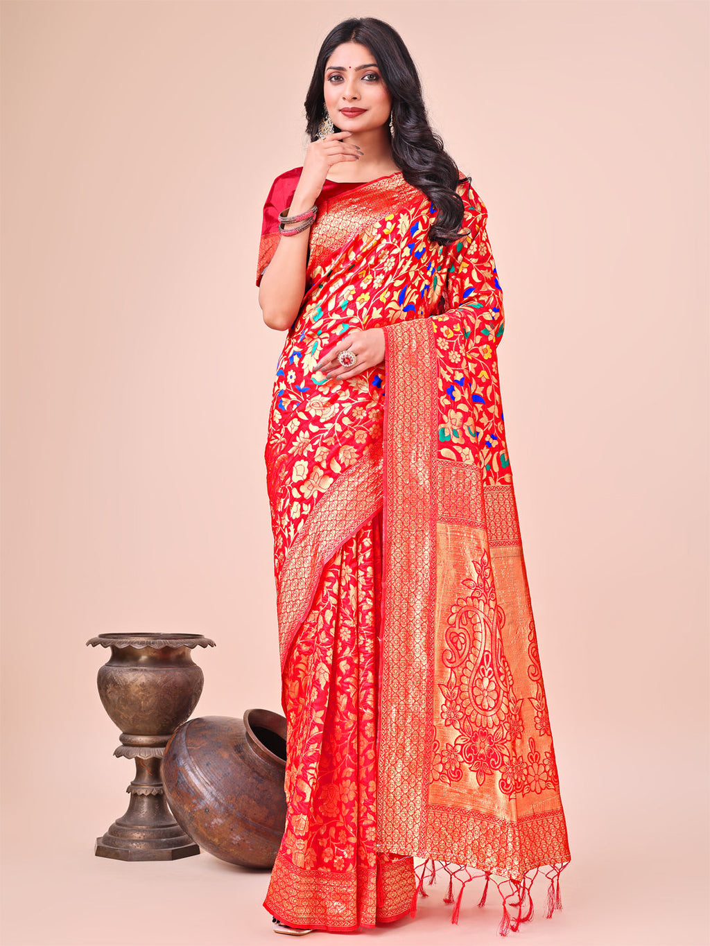 Shree Shyam Fashion Majestic Red Silk Saree with Gold Zari & Floral Design - Perfect for Festive & Traditional Occasions