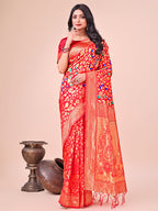 Shree Shyam Fashion Majestic Red Silk Saree with Gold Zari & Floral Design - Perfect for Festive & Traditional Occasions