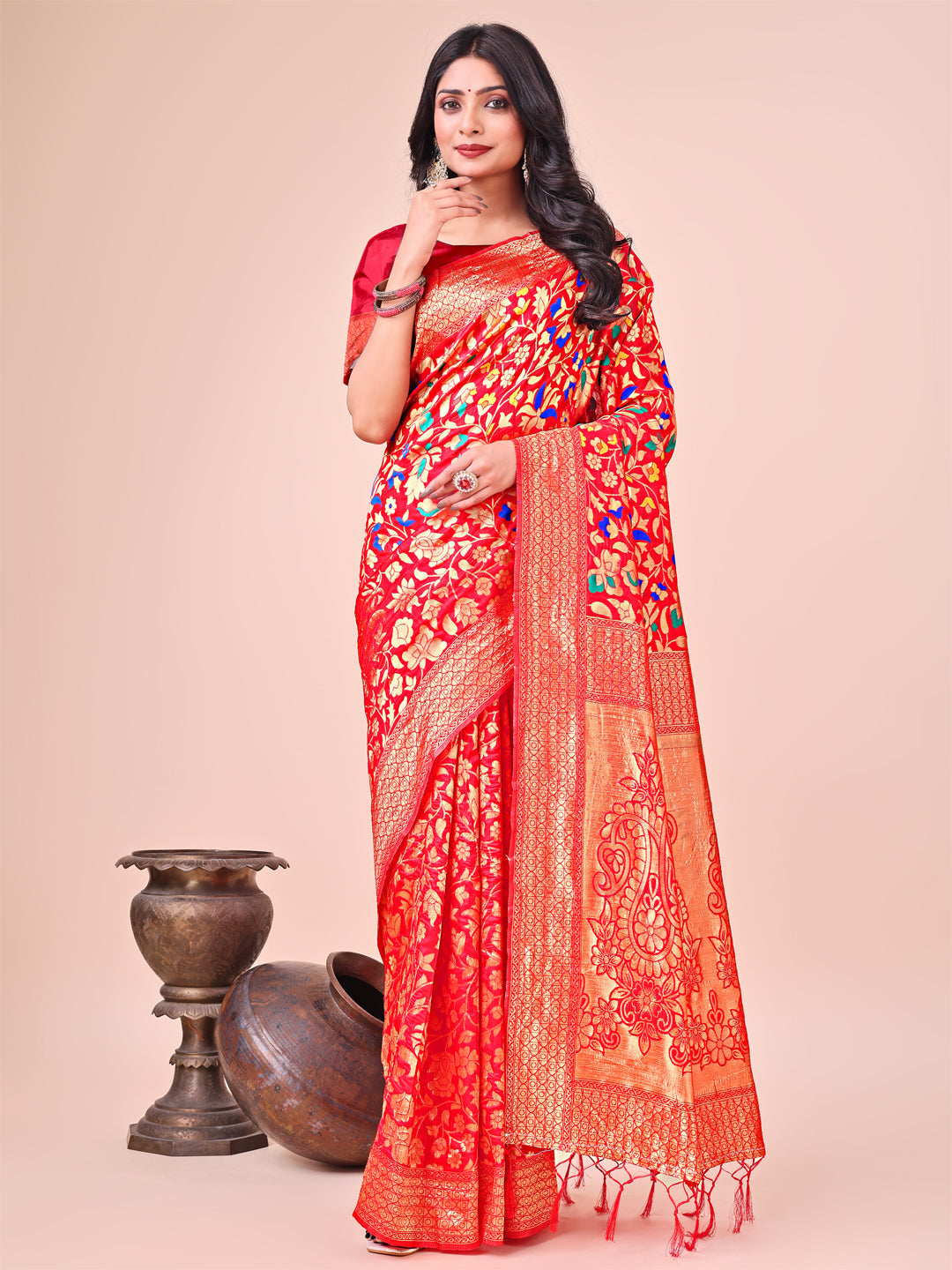 Shree Shyam Fashion Majestic Red Silk Saree with Gold Zari & Floral Design - Perfect for Festive & Traditional Occasions