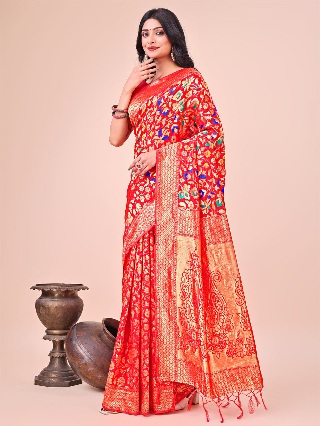 Shree Shyam Fashion Majestic Red Silk Saree with Gold Zari & Floral Design - Perfect for Festive & Traditional Occasions