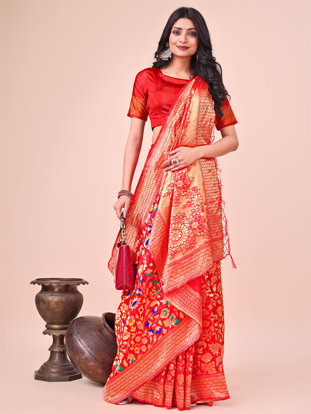 Shree Shyam Fashion Majestic Red Silk Saree with Gold Zari & Floral Design - Perfect for Festive & Traditional Occasions