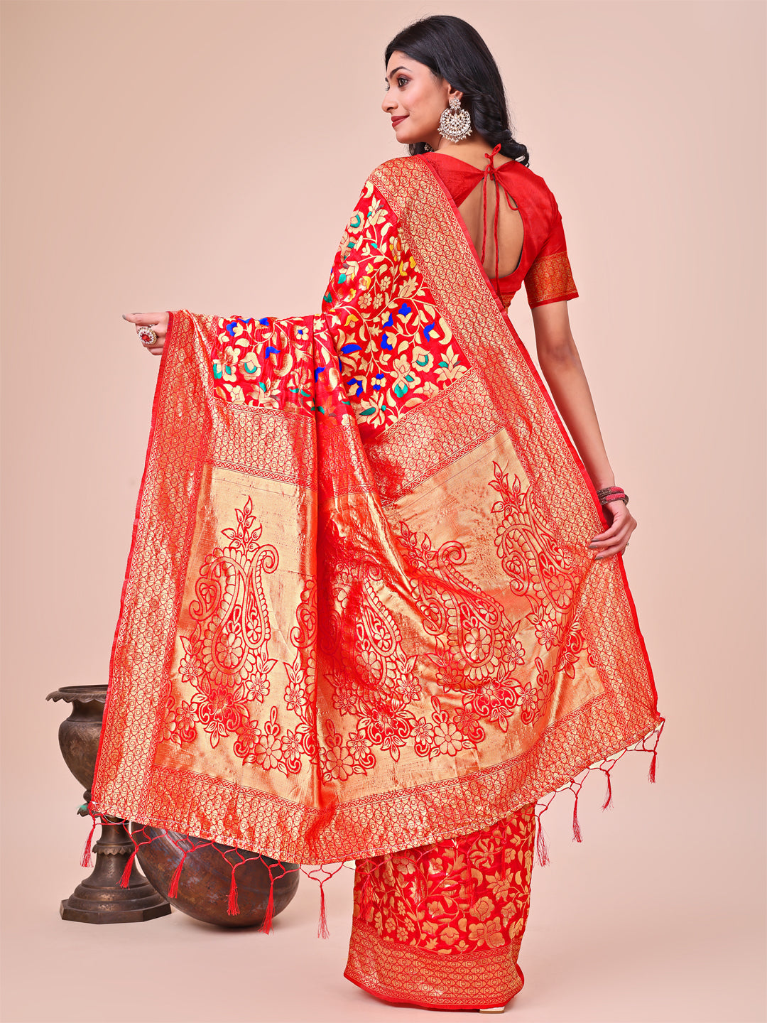 Shree Shyam Fashion Majestic Red Silk Saree with Gold Zari & Floral Design - Perfect for Festive & Traditional Occasions