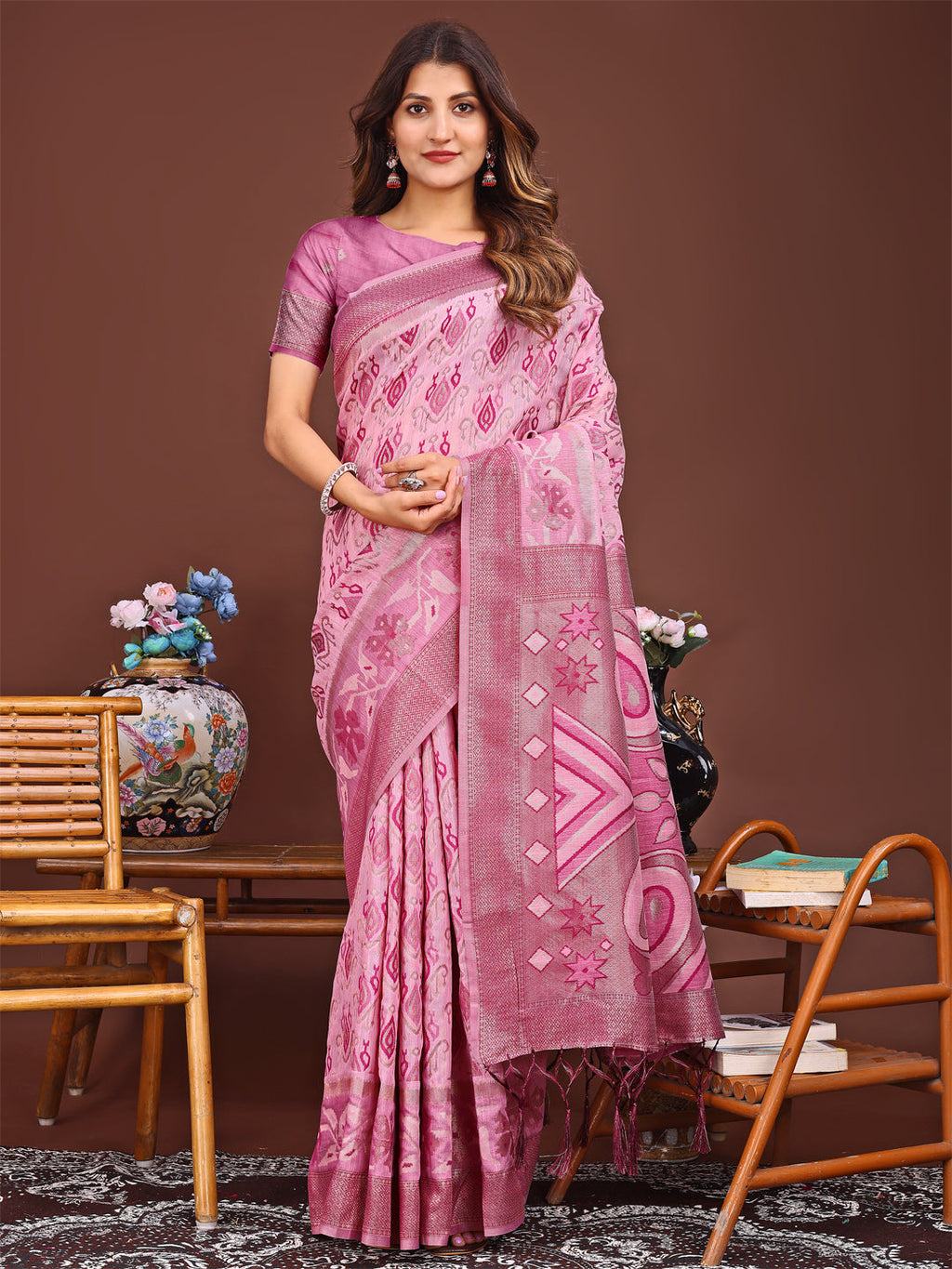 Shree Shyam Fashion Grace in Every Thread: Pink Patola Linen Cotton Saree Woven with Cultural Elegance