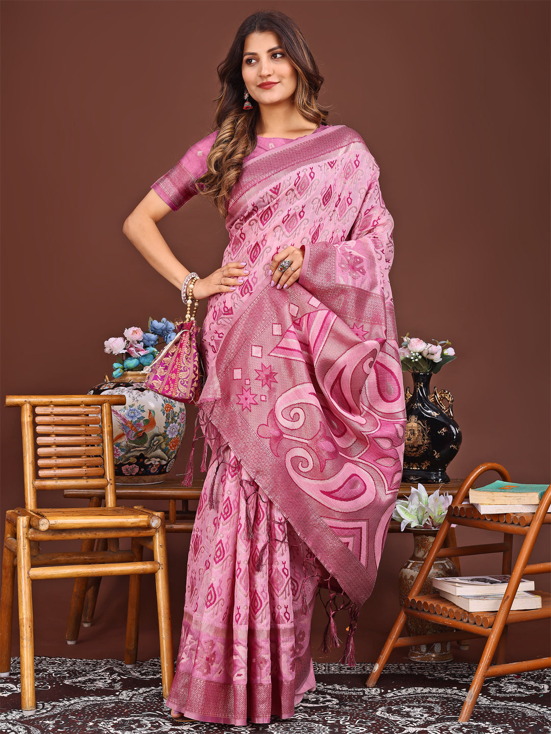 Shree Shyam Fashion Grace in Every Thread: Pink Patola Linen Cotton Saree Woven with Cultural Elegance