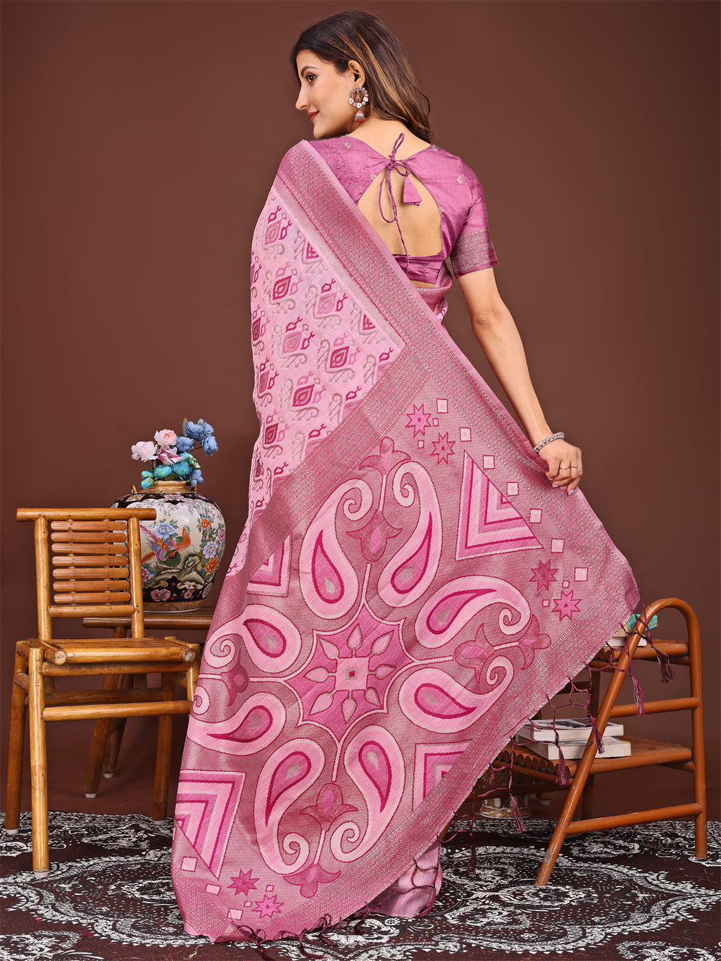 Shree Shyam Fashion Grace in Every Thread: Pink Patola Linen Cotton Saree Woven with Cultural Elegance