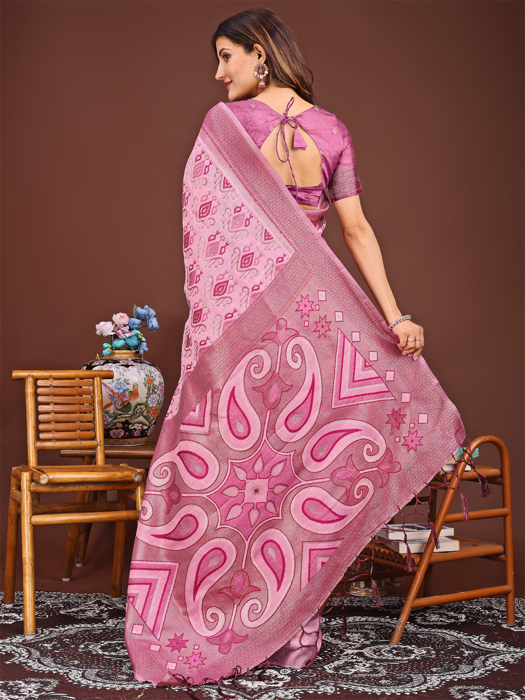 Shree Shyam Fashion Grace in Every Thread: Pink Patola Linen Cotton Saree Woven with Cultural Elegance