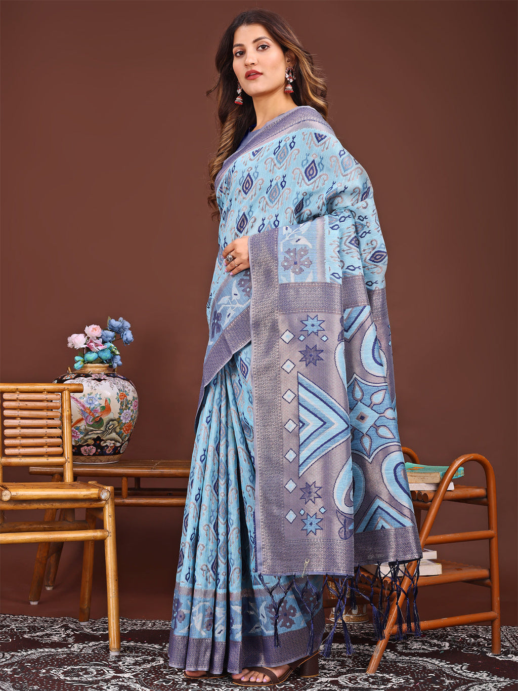 Shree Shyam Fashion Grace in Every Thread: Sky Blue Patola Linen Cotton Saree Woven with Cultural Elegance