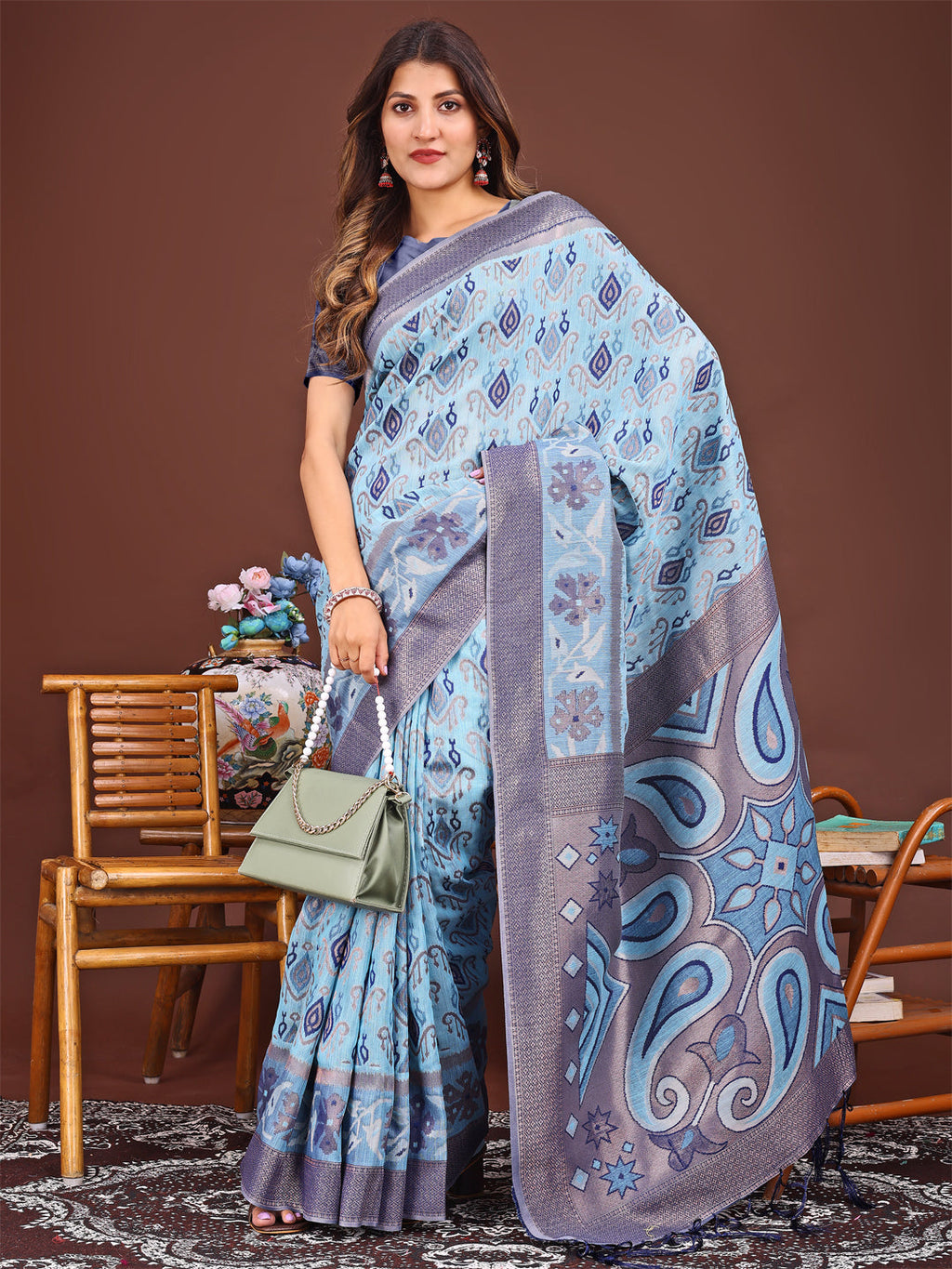 Shree Shyam Fashion Grace in Every Thread: Sky Blue Patola Linen Cotton Saree Woven with Cultural Elegance