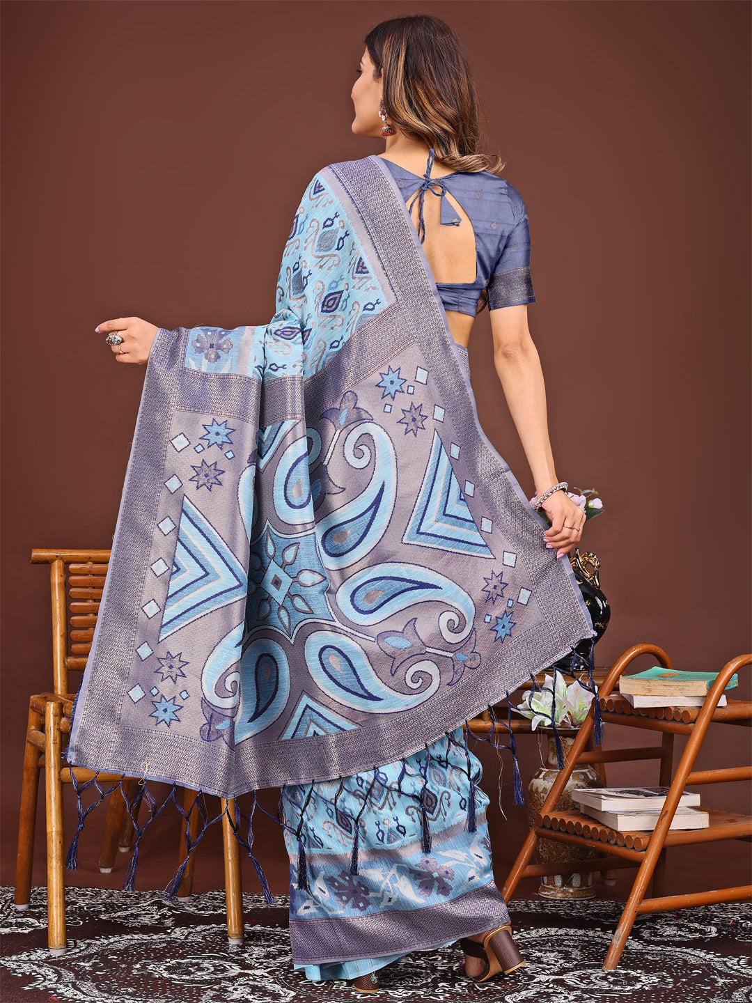 Shree Shyam Fashion Grace in Every Thread: Sky Blue Patola Linen Cotton Saree Woven with Cultural Elegance
