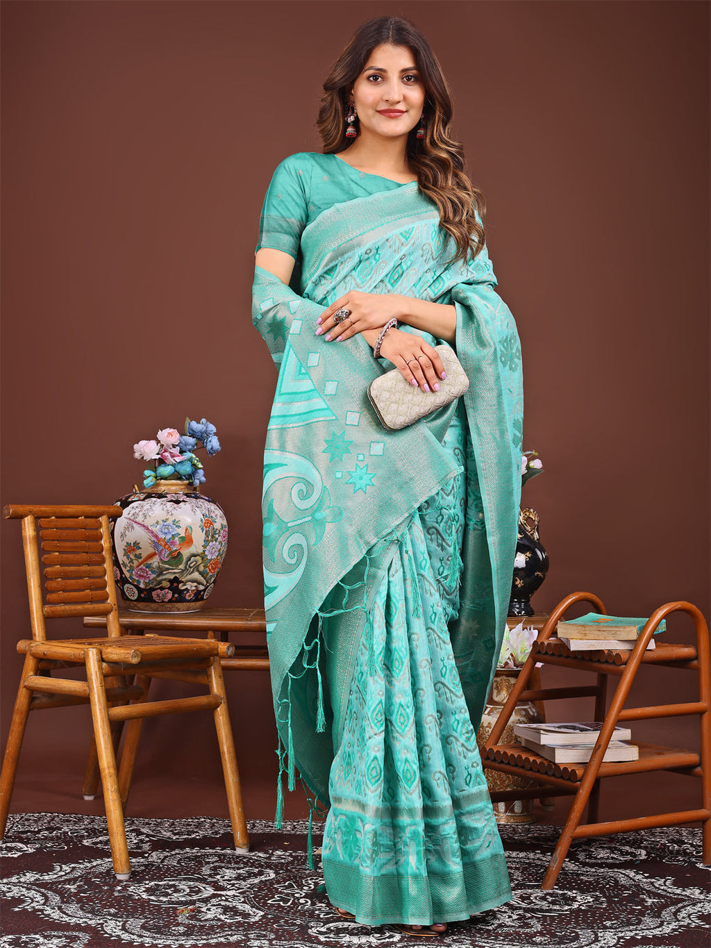 Shree Shyam Fashion Grace in Every Thread: Sea green Patola Linen Cotton Saree Woven with Cultural Elegance