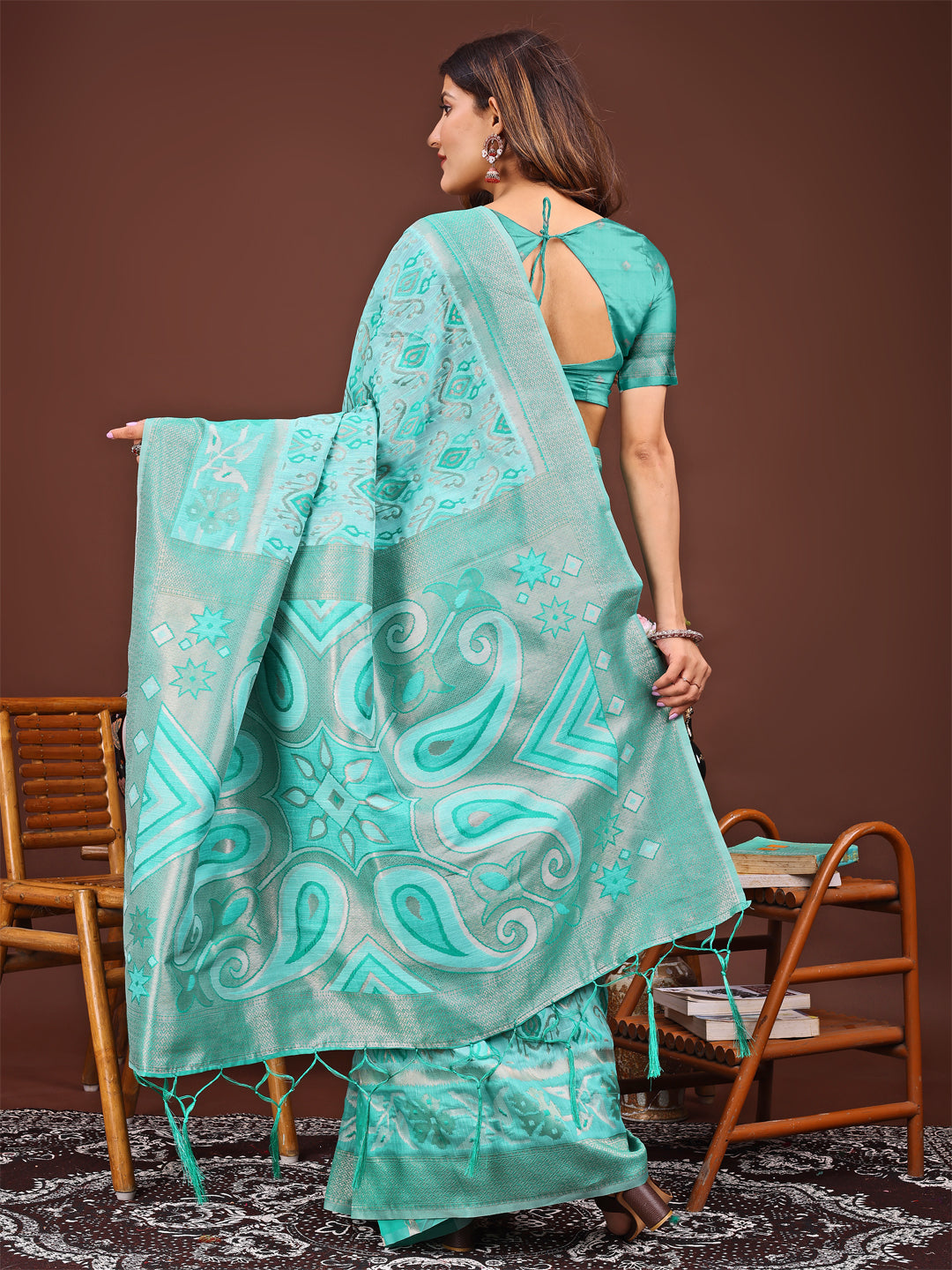 Shree Shyam Fashion Grace in Every Thread: Sea green Patola Linen Cotton Saree Woven with Cultural Elegance