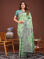 Shree Shyam Fashion Grace in Every Thread: Light green Patola Linen Cotton Saree Woven with Cultural Elegance