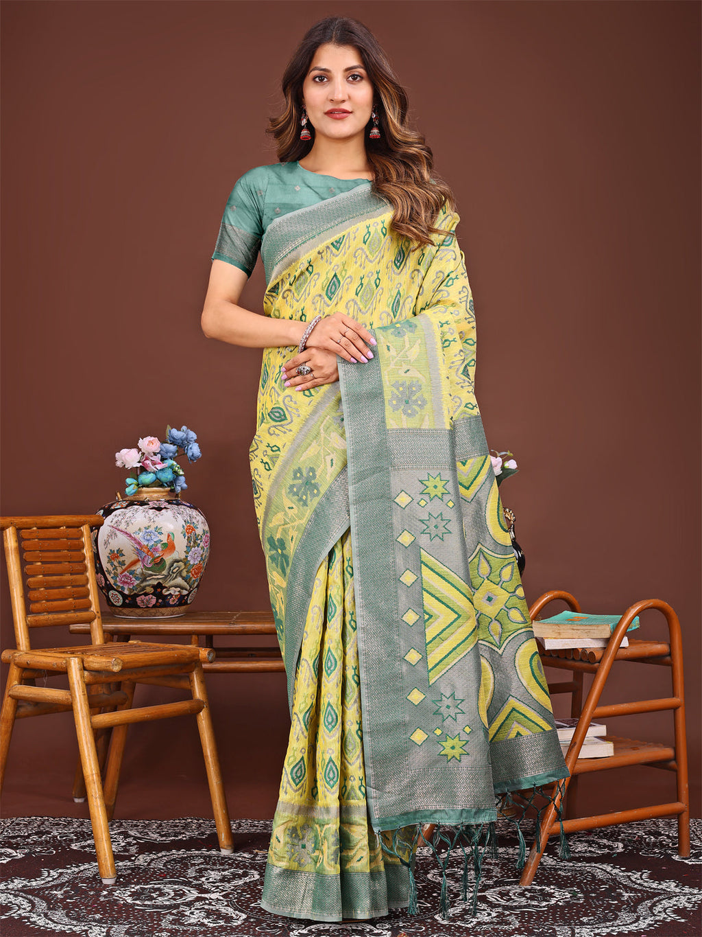 Shree Shyam Fashion Grace in Every Thread: Yellow Patola Linen Cotton Saree Woven with Cultural Elegance