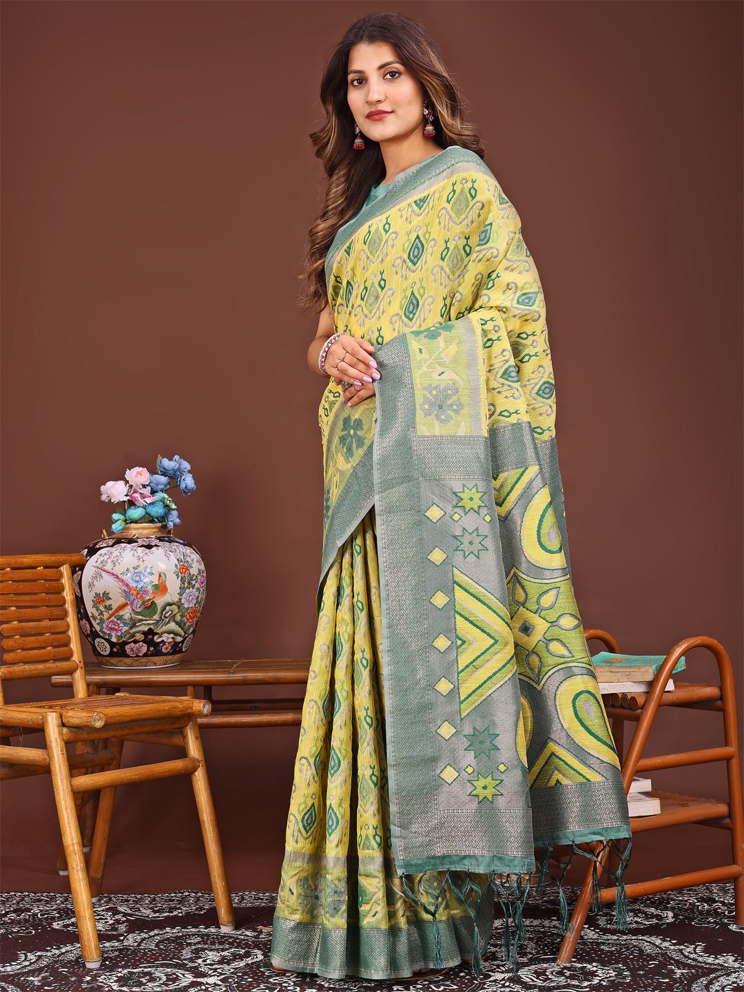 Shree Shyam Fashion Grace in Every Thread: Yellow Patola Linen Cotton Saree Woven with Cultural Elegance