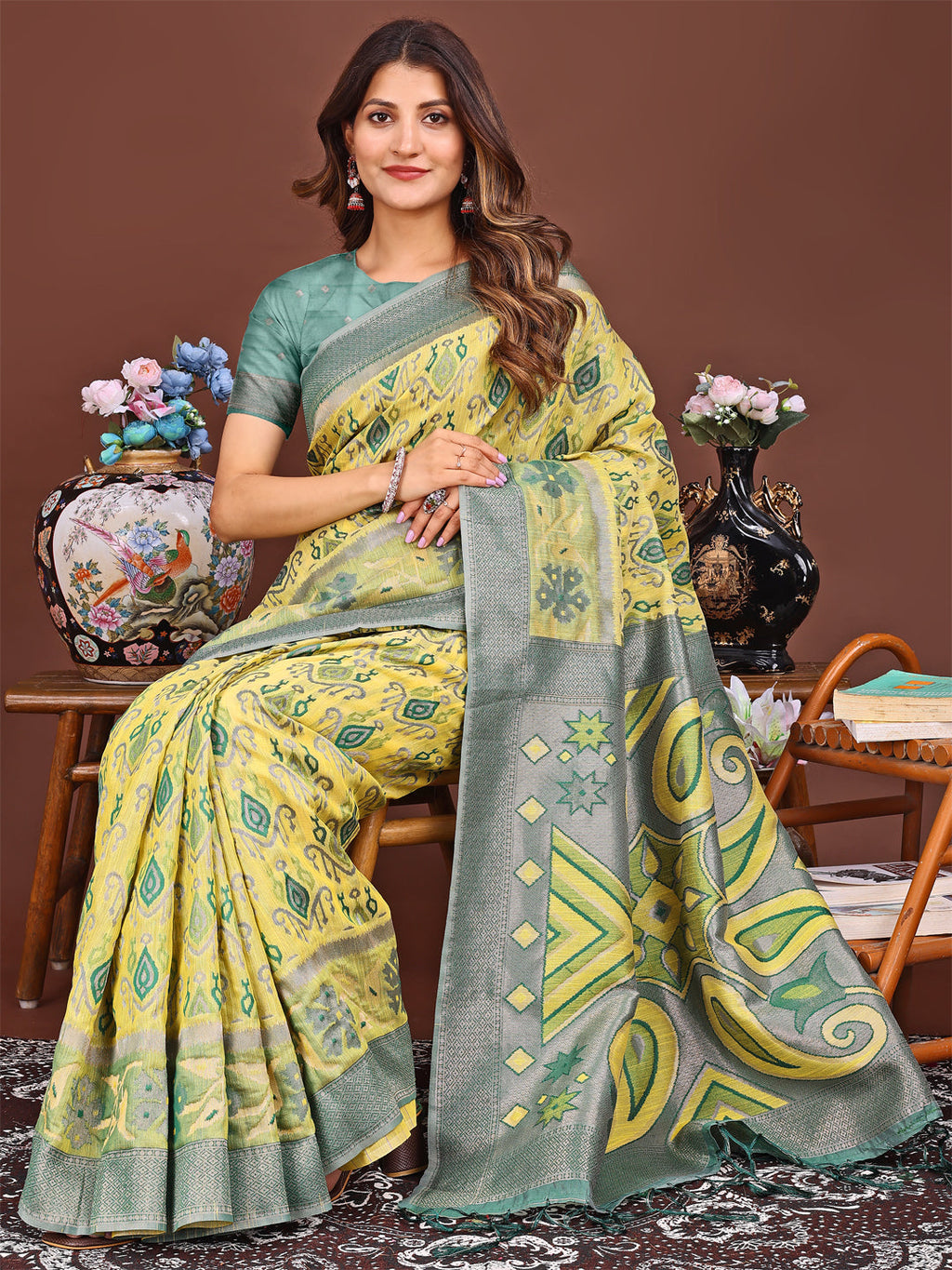 Shree Shyam Fashion Grace in Every Thread: Yellow Patola Linen Cotton Saree Woven with Cultural Elegance