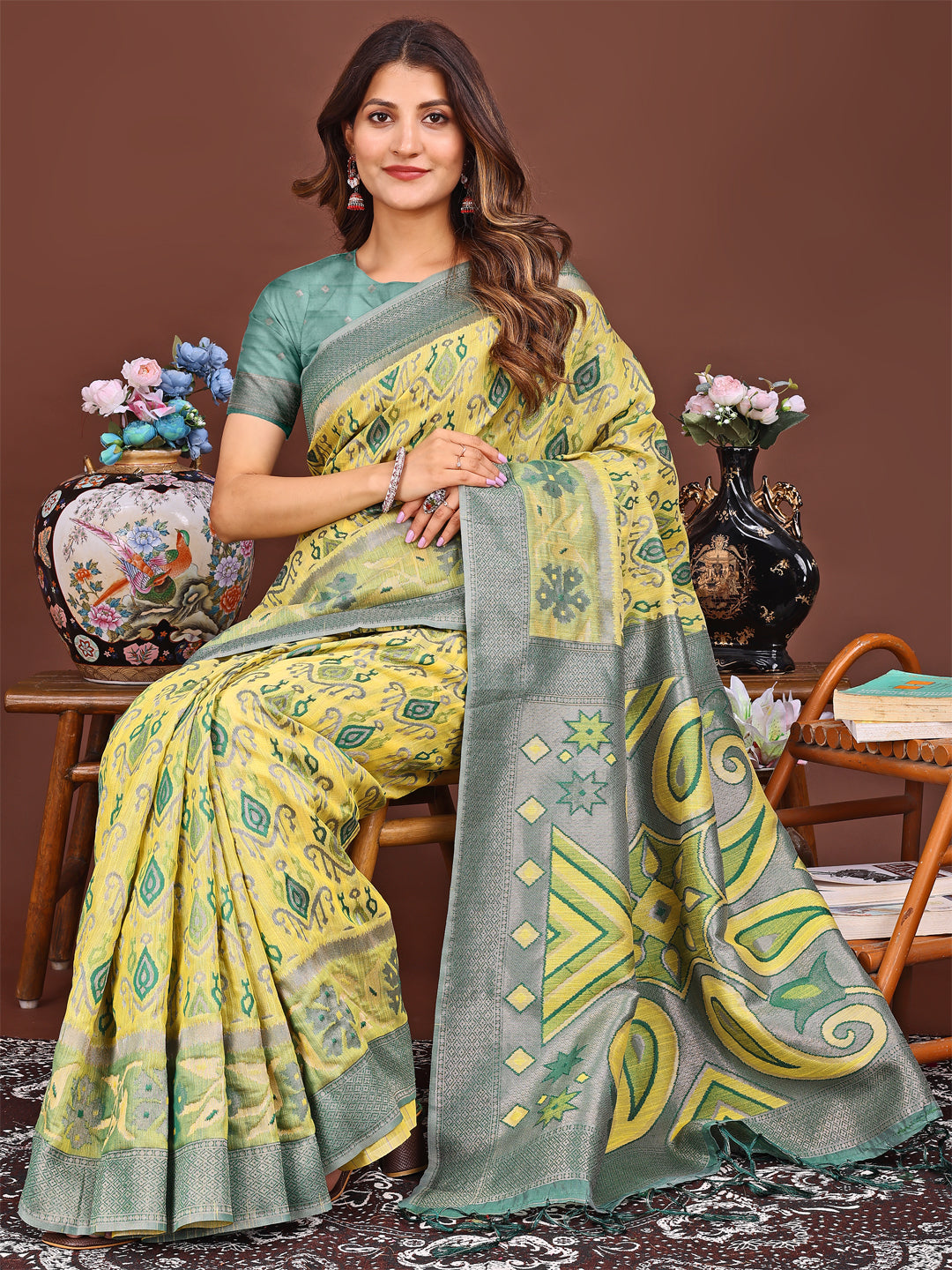 Shree Shyam Fashion Grace in Every Thread: Yellow Patola Linen Cotton Saree Woven with Cultural Elegance