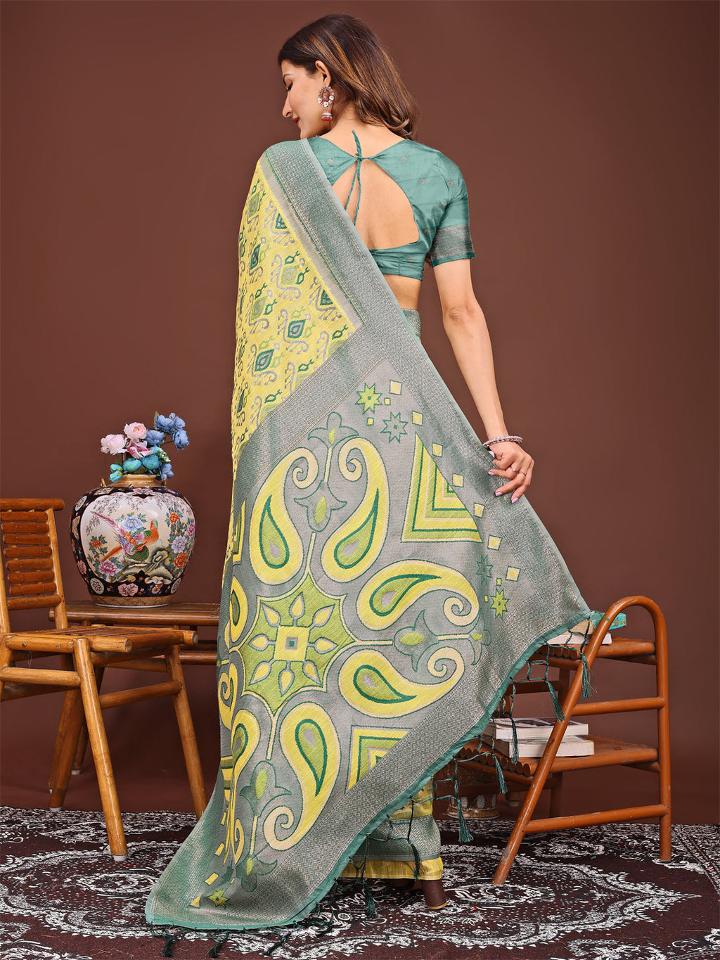 Shree Shyam Fashion Grace in Every Thread: Yellow Patola Linen Cotton Saree Woven with Cultural Elegance