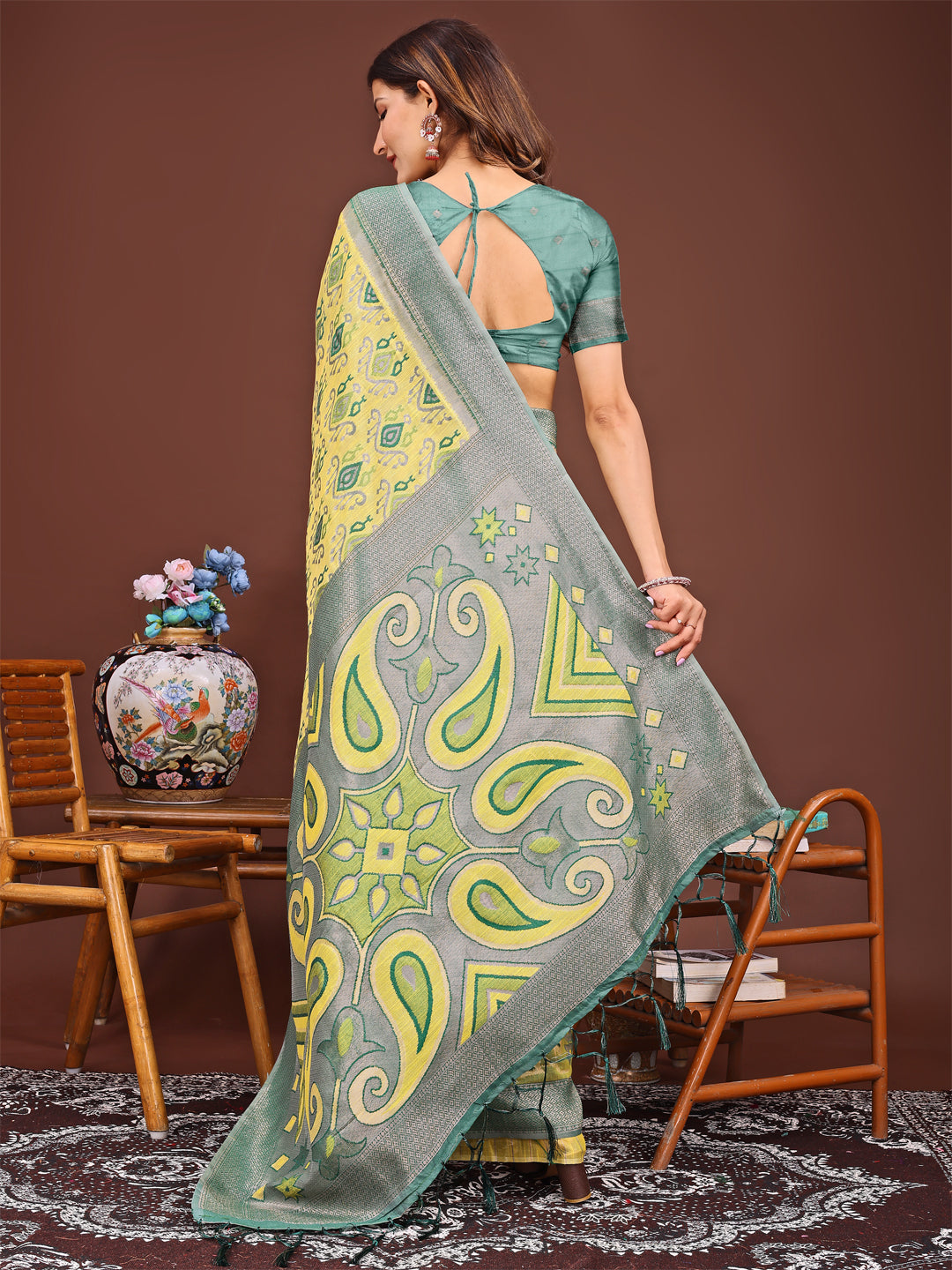 Shree Shyam Fashion Grace in Every Thread: Yellow Patola Linen Cotton Saree Woven with Cultural Elegance