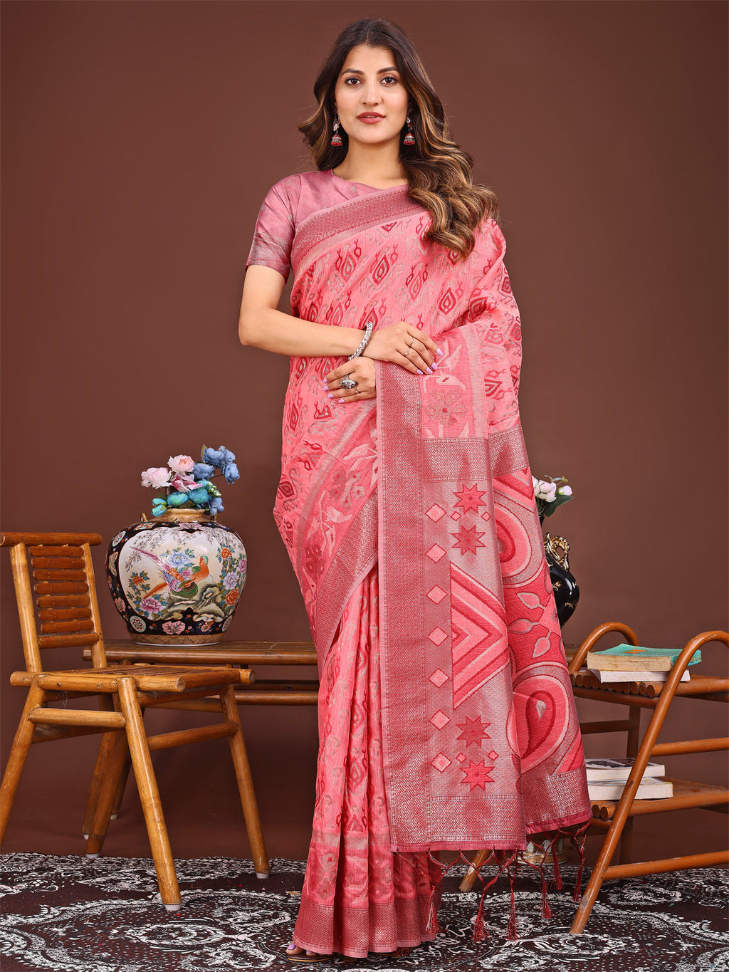 Shree Shyam Fashion Grace in Every Thread: Peach Patola Linen Cotton Saree Woven with Cultural Elegance