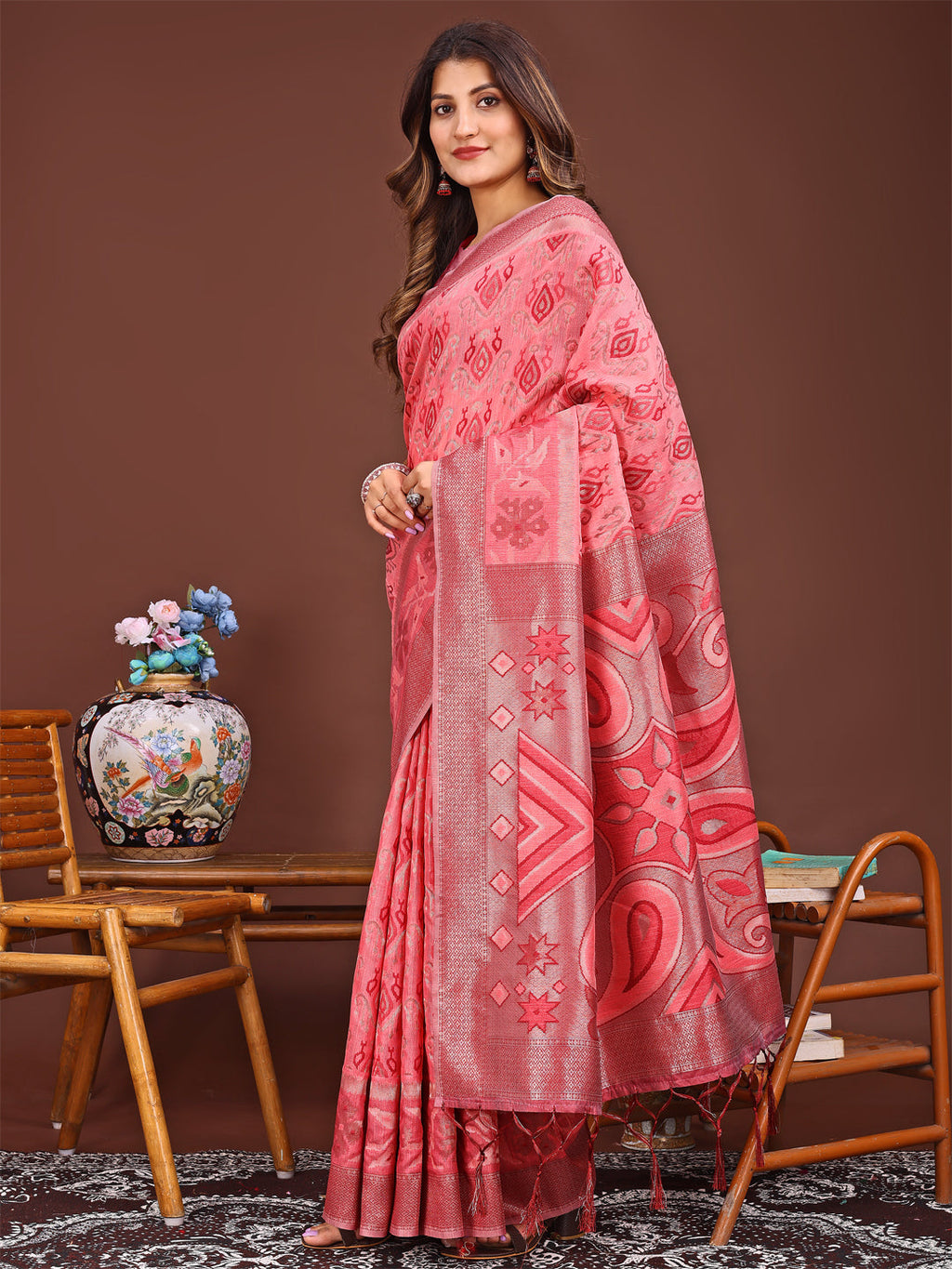 Shree Shyam Fashion Grace in Every Thread: Peach Patola Linen Cotton Saree Woven with Cultural Elegance
