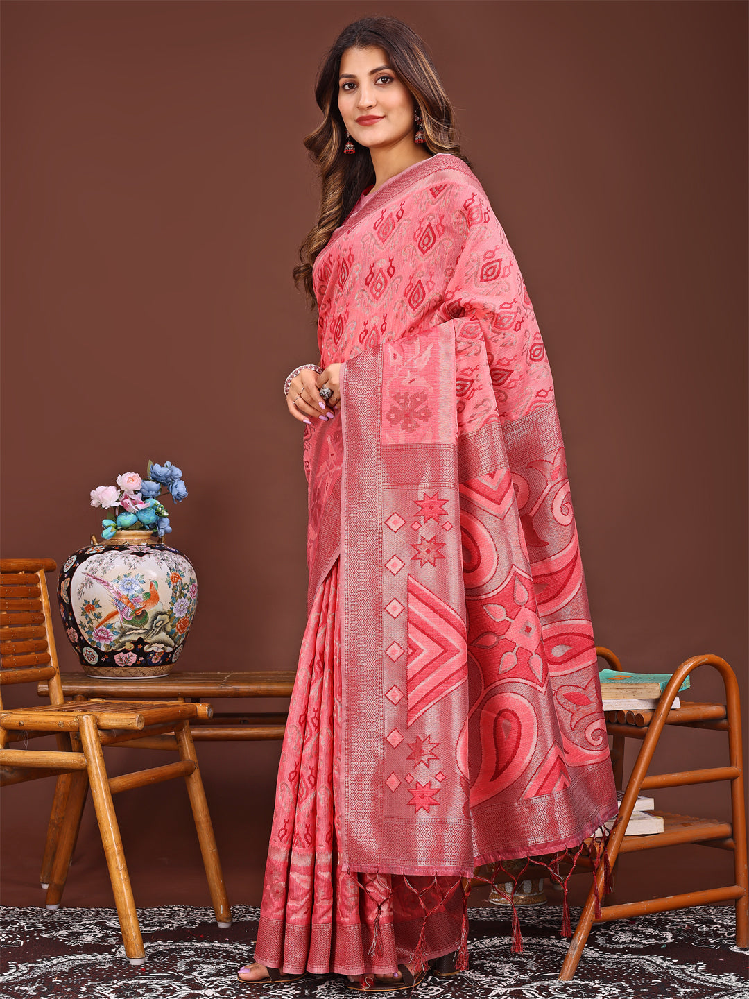 Shree Shyam Fashion Grace in Every Thread: Peach Patola Linen Cotton Saree Woven with Cultural Elegance