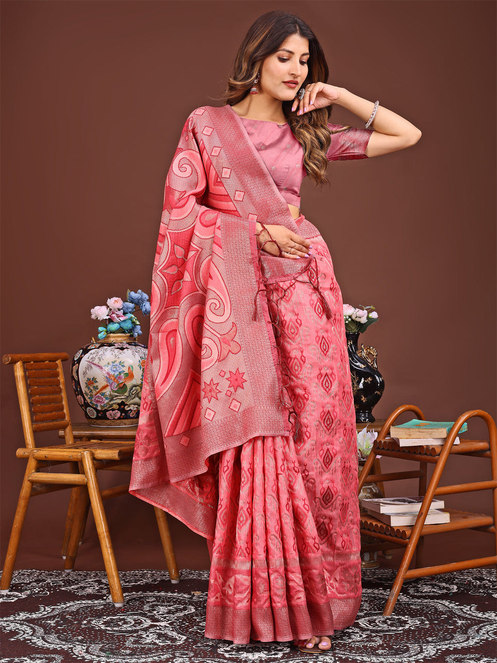 Shree Shyam Fashion Grace in Every Thread: Peach Patola Linen Cotton Saree Woven with Cultural Elegance