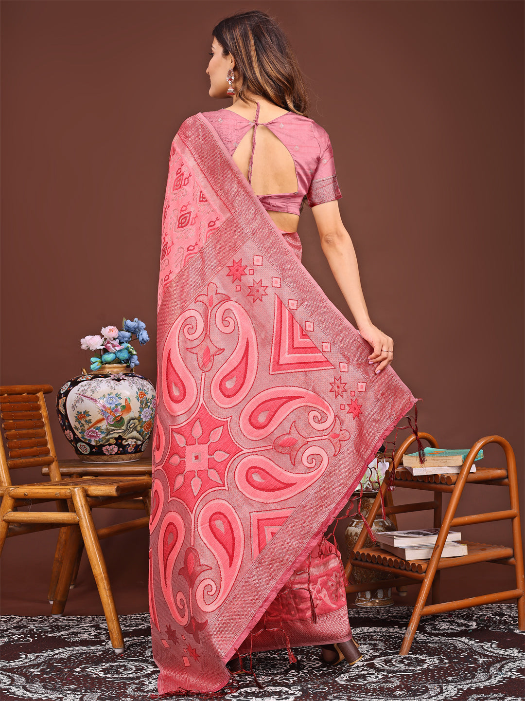 Shree Shyam Fashion Grace in Every Thread: Peach Patola Linen Cotton Saree Woven with Cultural Elegance