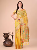 Shree Shyam Fashion Yellow Linen Saree with Multicolor Weaving & Zari Pallu - Elegant & Lightweight for Everyday Grace - Distacart