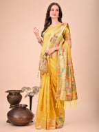 Shree Shyam Fashion Yellow Linen Saree with Multicolor Weaving & Zari Pallu - Elegant & Lightweight for Everyday Grace - Distacart