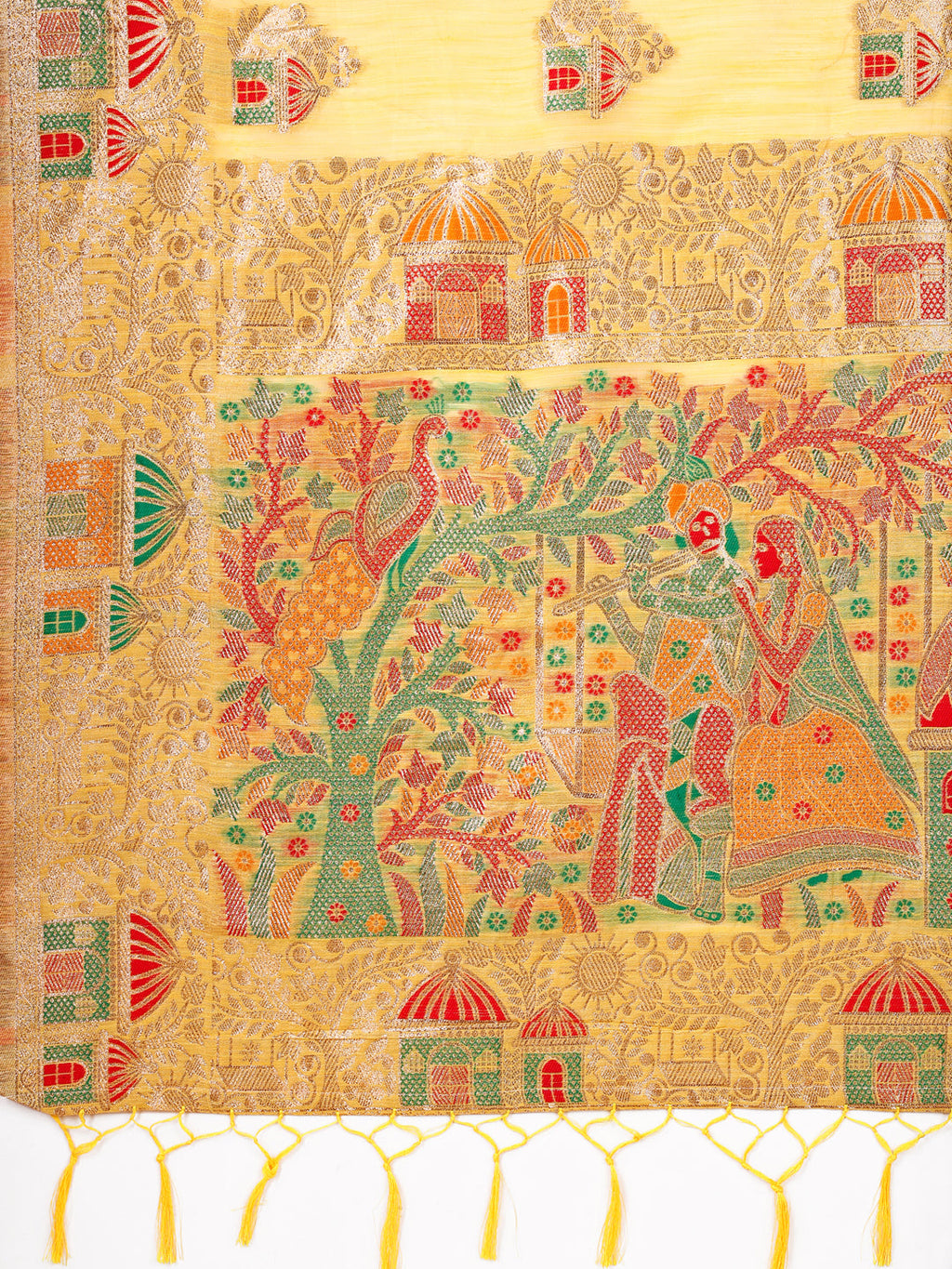 Shree Shyam Fashion Yellow Linen Saree with Multicolor Weaving & Zari Pallu - Elegant & Lightweight for Everyday Grace - Distacart