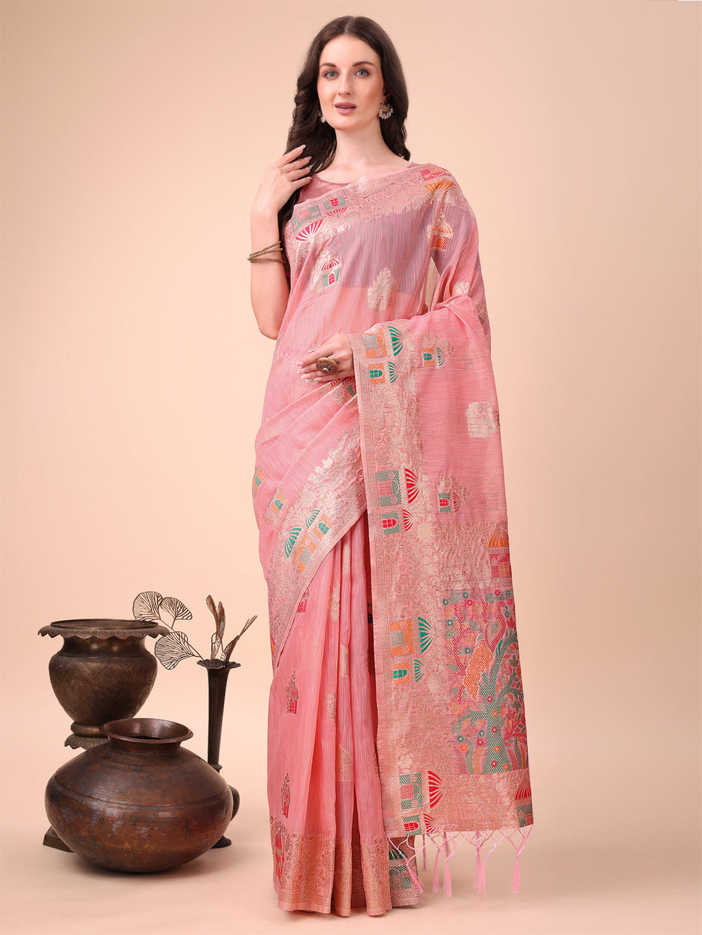 Shree Shyam Fashion Pink Linen Saree with Multicolor Weaving & Zari Pallu - Elegant & Lightweight for Everyday Grace - Distacart