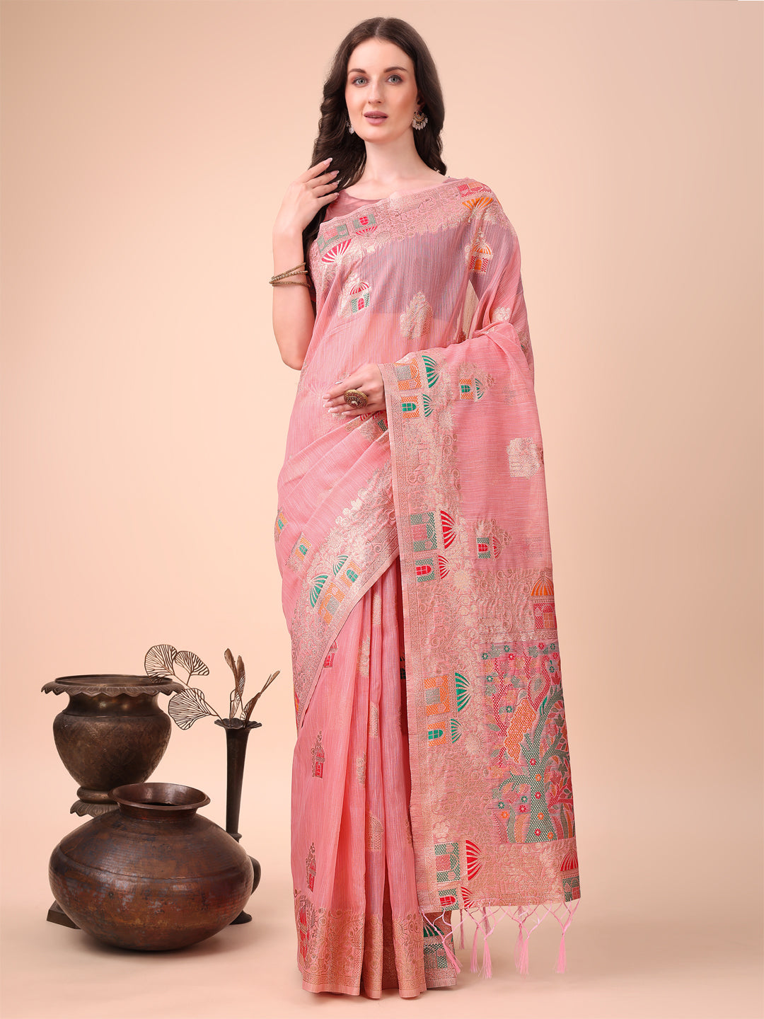 Shree Shyam Fashion Pink Linen Saree with Multicolor Weaving & Zari Pallu - Elegant & Lightweight for Everyday Grace - Distacart