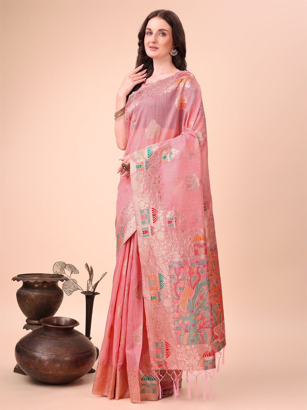 Shree Shyam Fashion Pink Linen Saree with Multicolor Weaving & Zari Pallu - Elegant & Lightweight for Everyday Grace - Distacart